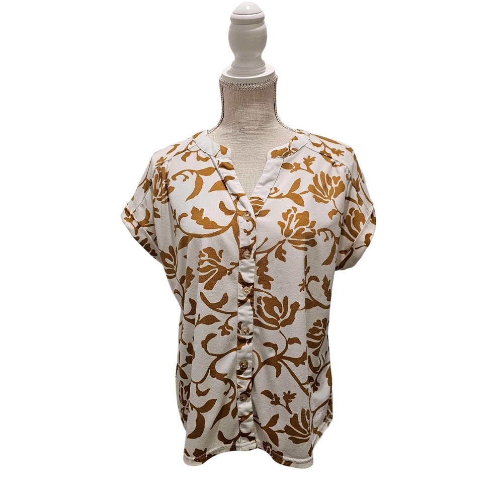 Fifty Street Womens L white and brown Print Button Up V-Neck Cuffed Sleeve Top